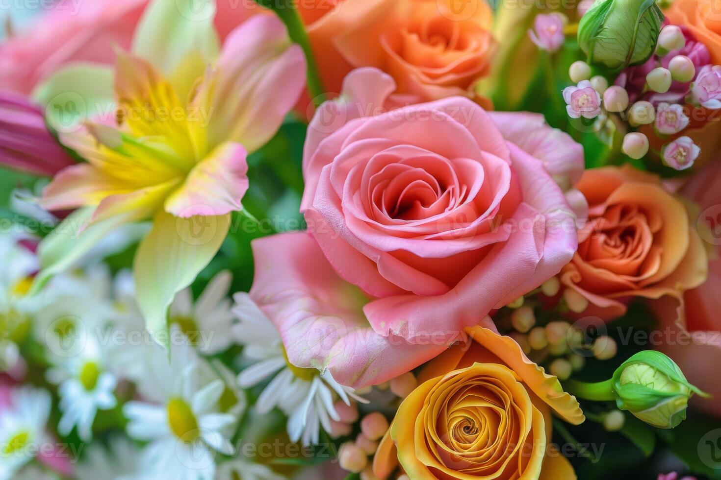 Bouquet of pink roses and lilies creating a spring feeling photo