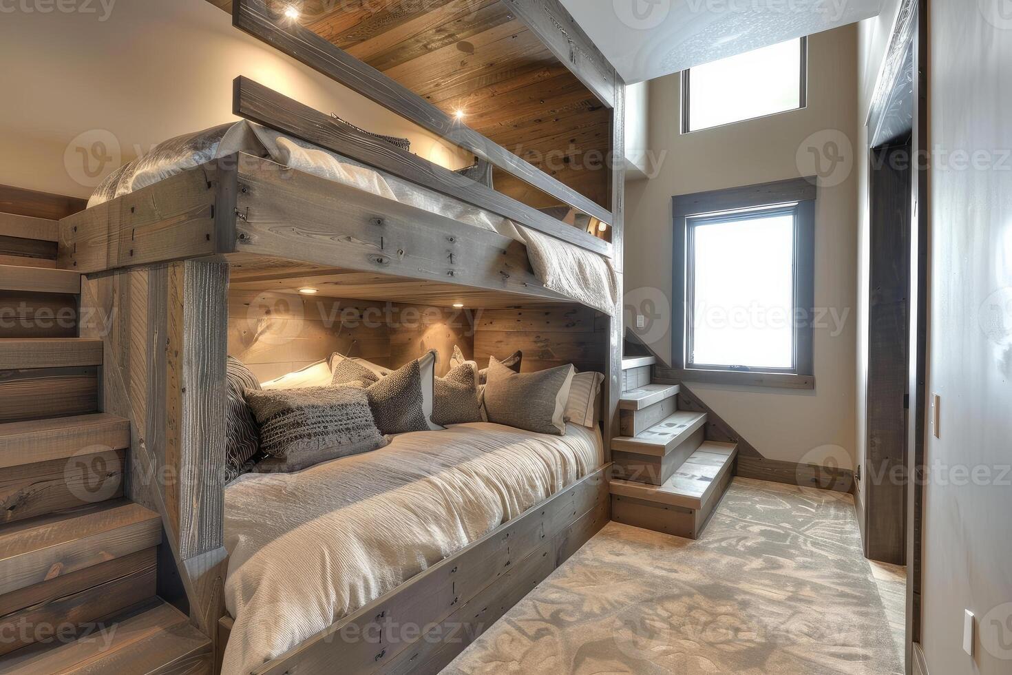 Modern rustic bunk bed with built in stairs in a child's room photo