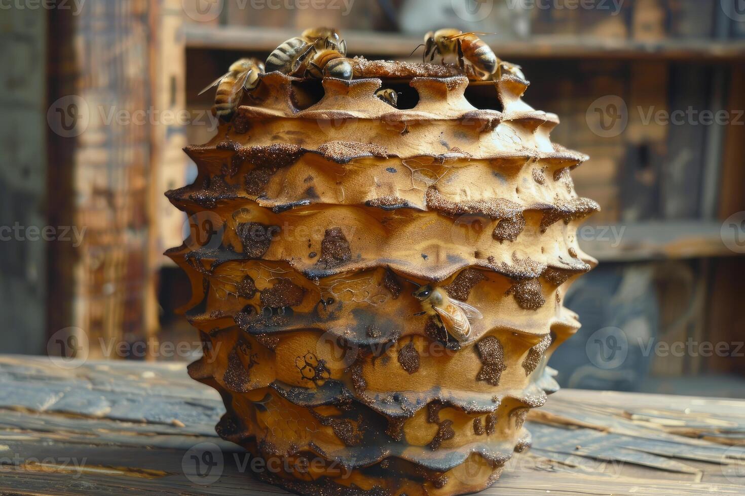 Bees entering and leaving a ceramic beehive in an apiary photo