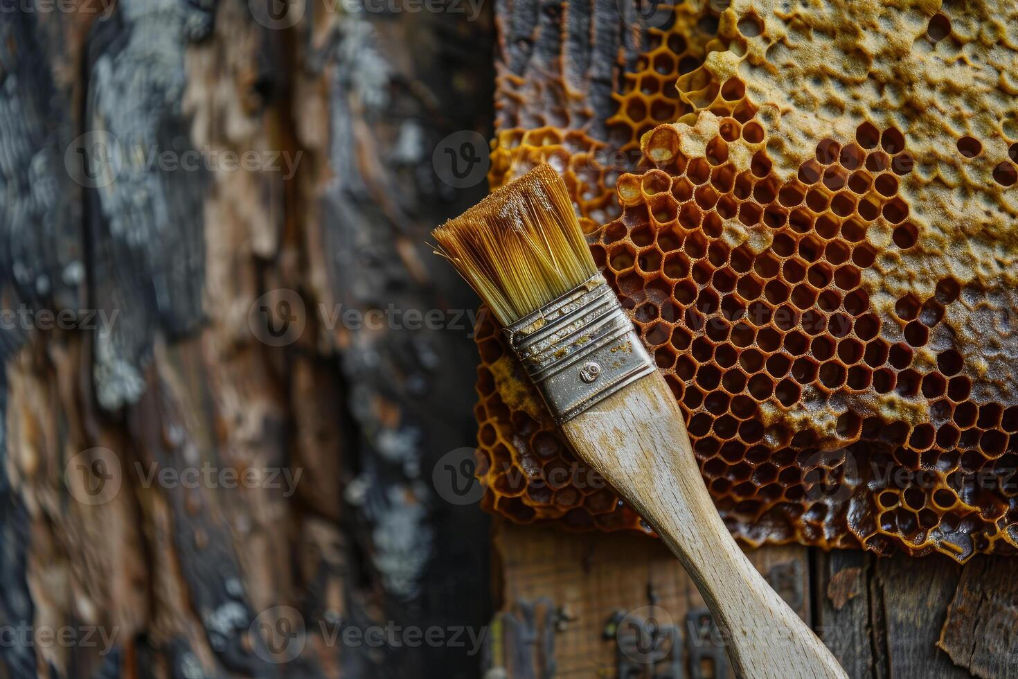 Beekeeper's tools resting on rustic wood with honeycomb background photo