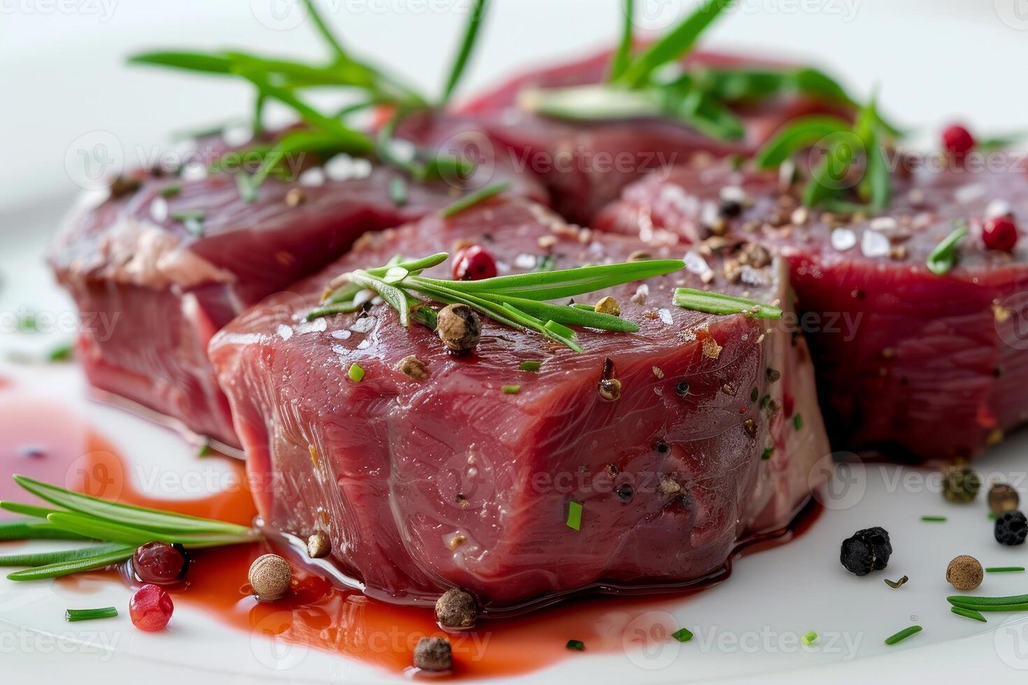Fresh raw red meat with rosemary and peppercorns being ready to cook photo