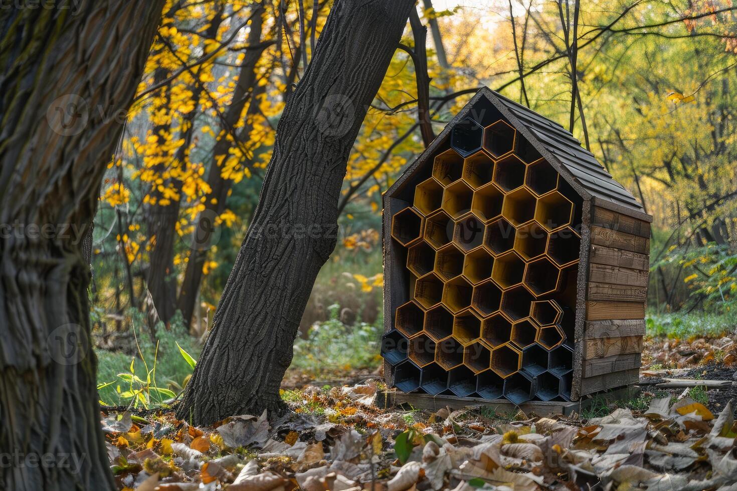 Large insect hotel providing shelter for bugs in autumn forest photo