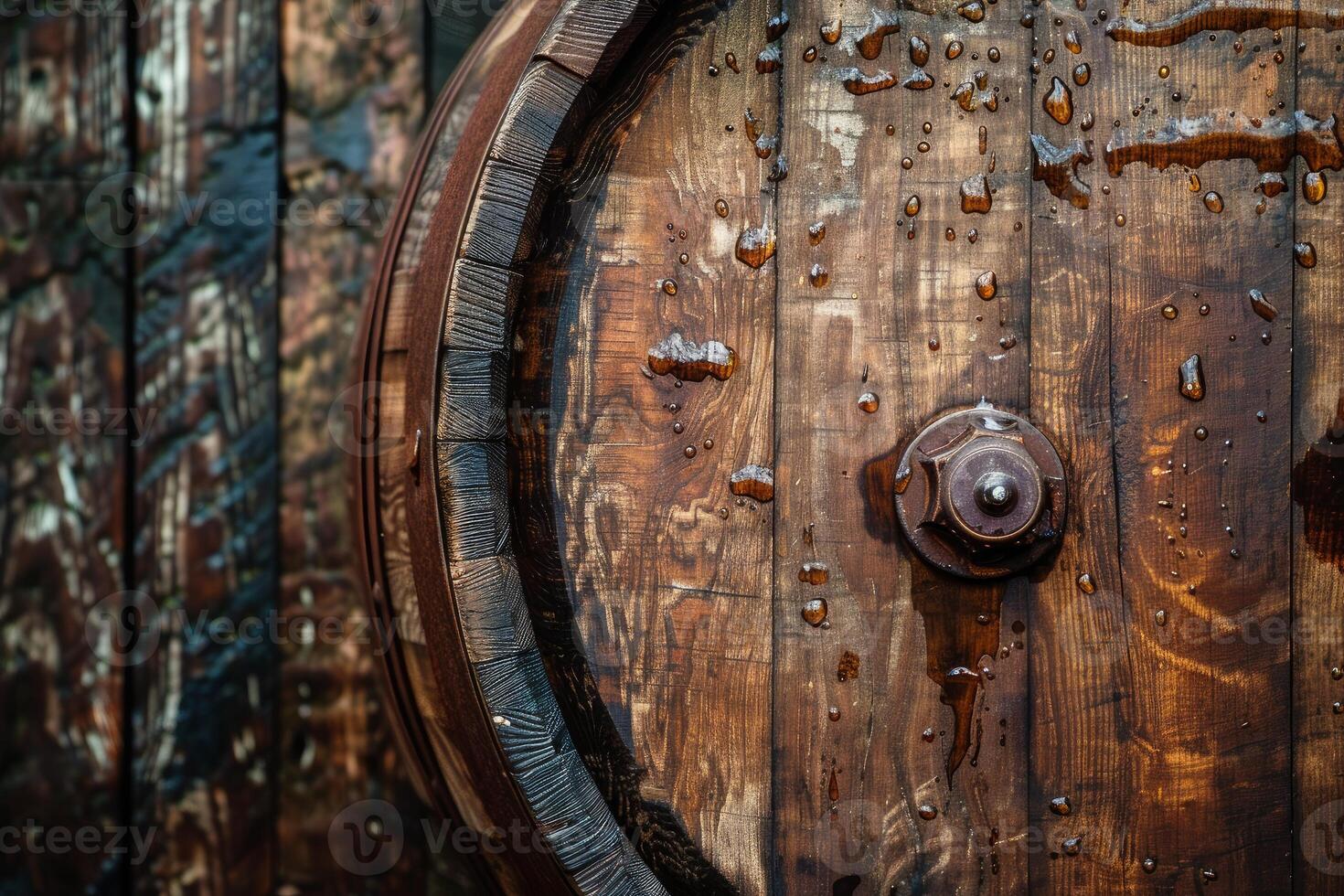 Old wet wooden barrel showing the rustic surface of wood photo