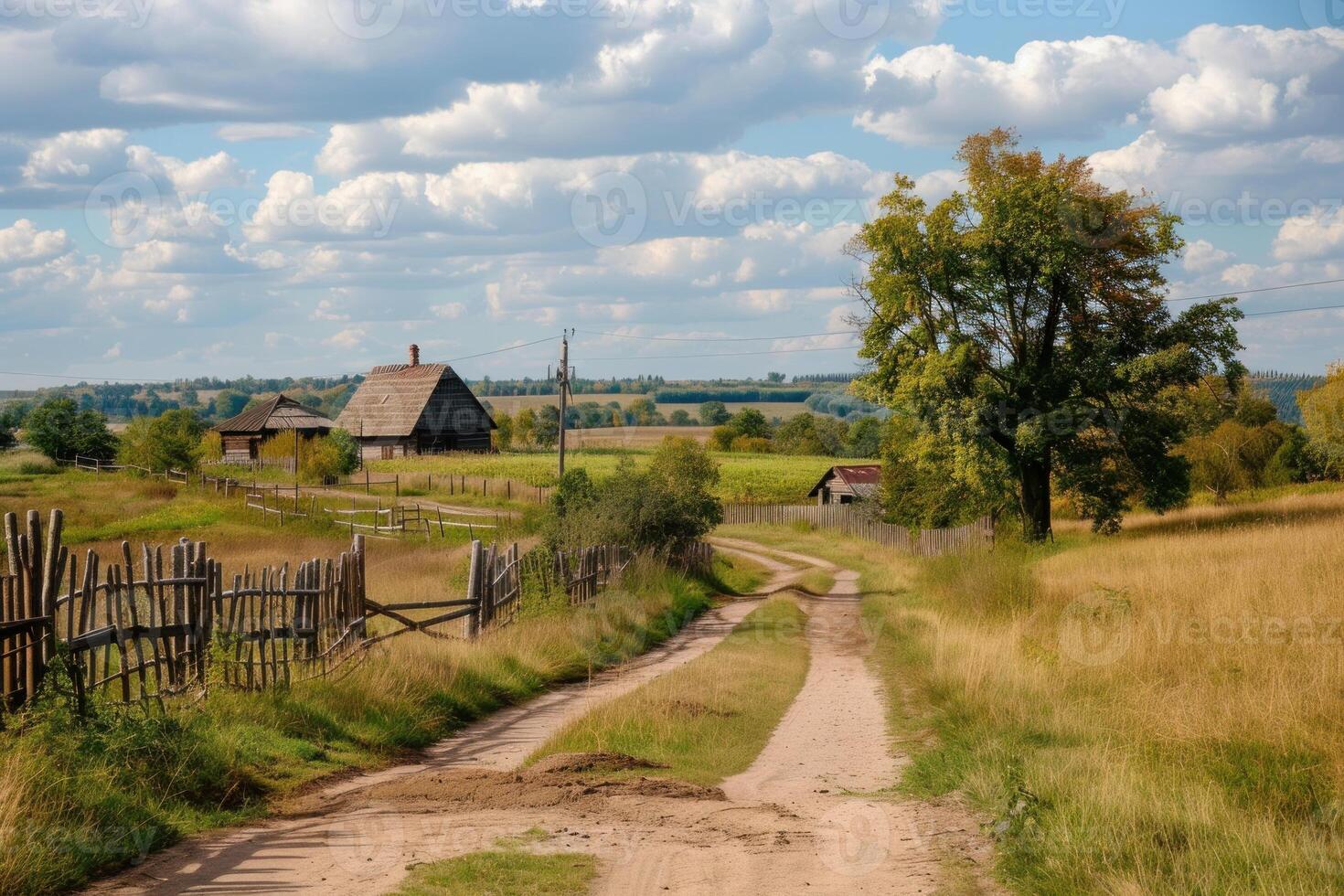 Dirt road leading to old wooden countryside houses photo