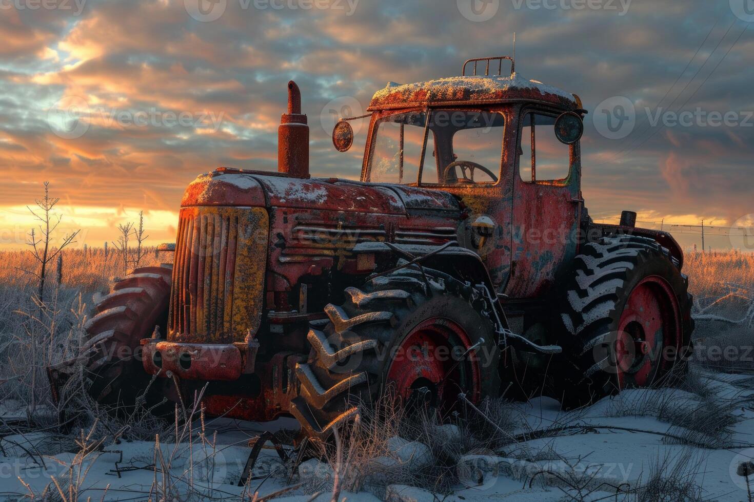 Old red tractor resting in a snowy field at sunset photo
