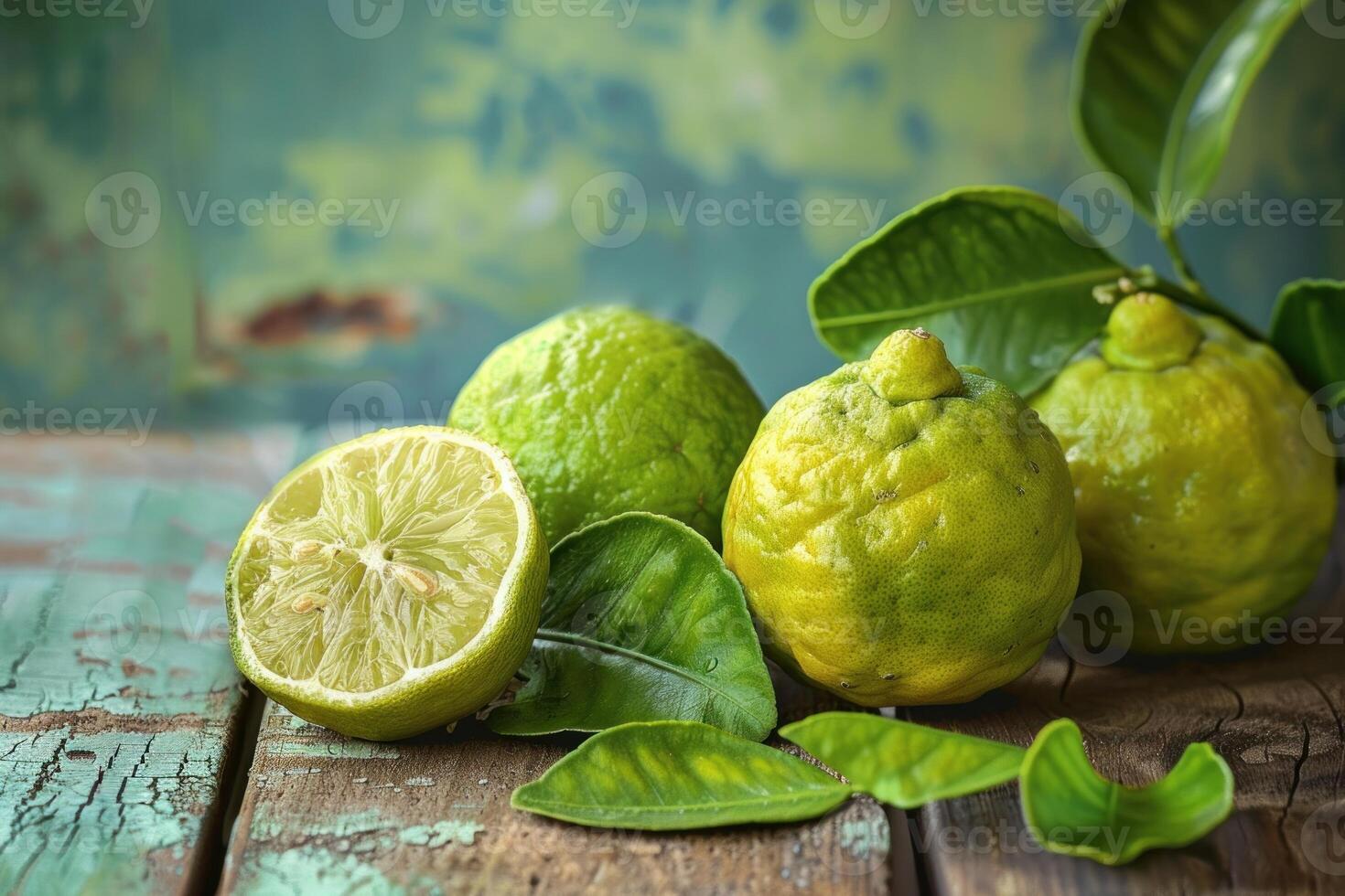 Bergamot and limes resting on rustic tabletop photo