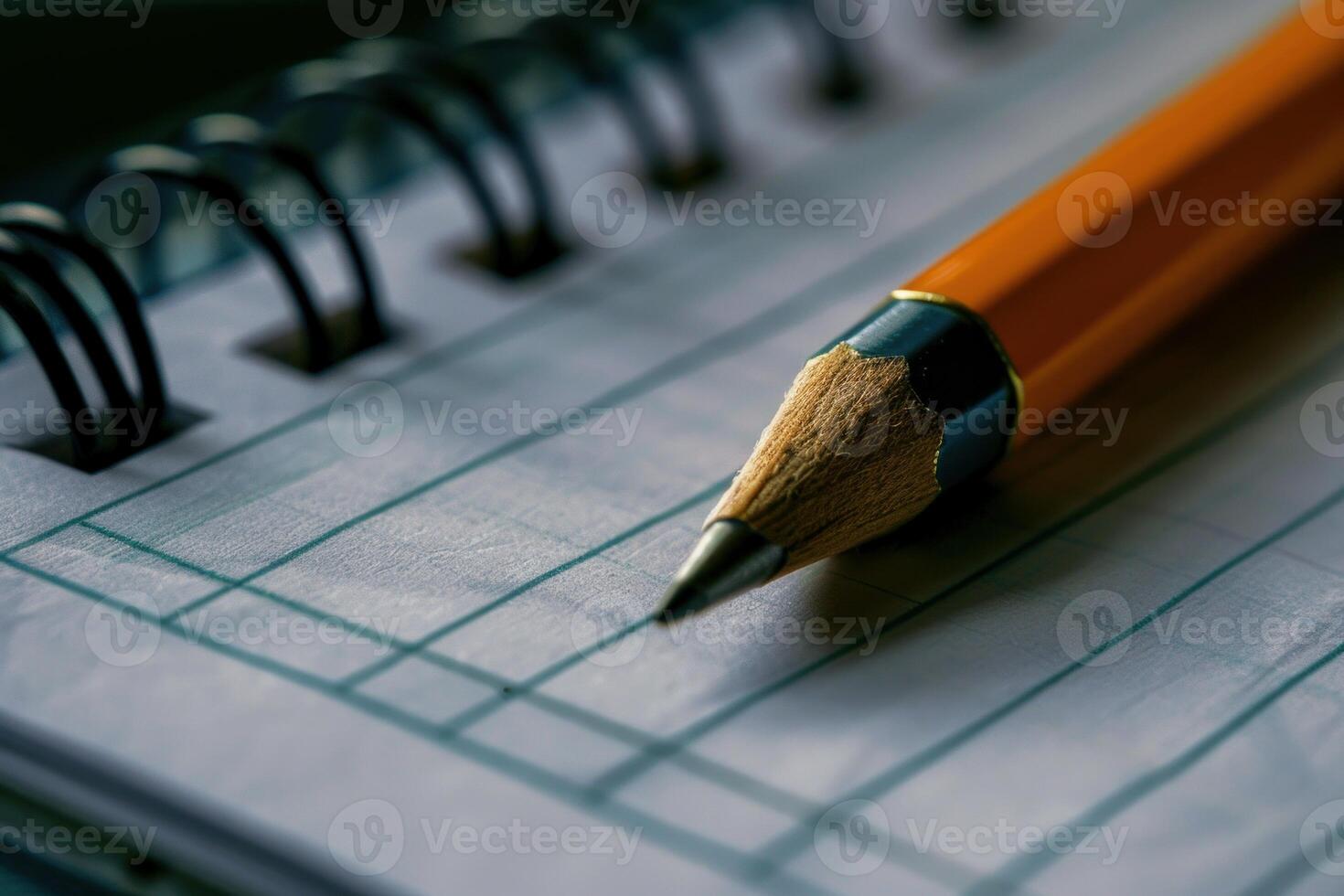 Sharp pencil point resting on spiral notebook page photo
