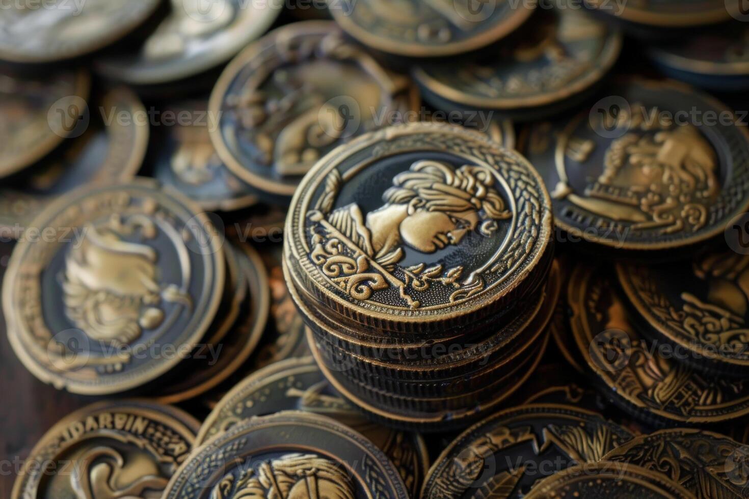 Stack of ancient golden coins featuring greek gods and goddesses photo