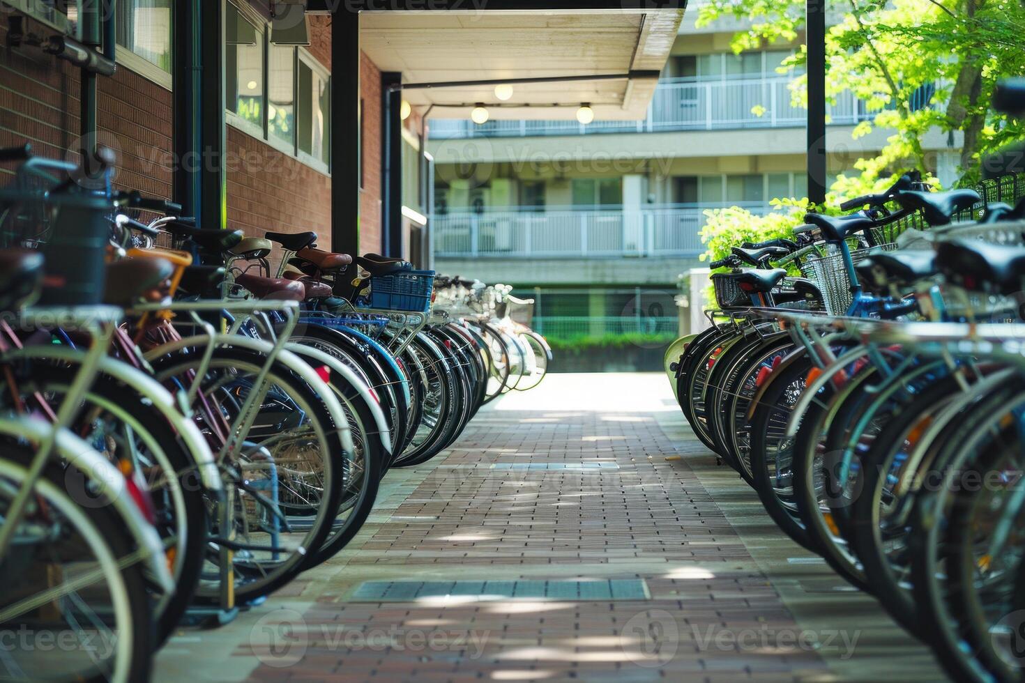 Many bicycles parked in a row in an outdoor parking lot photo