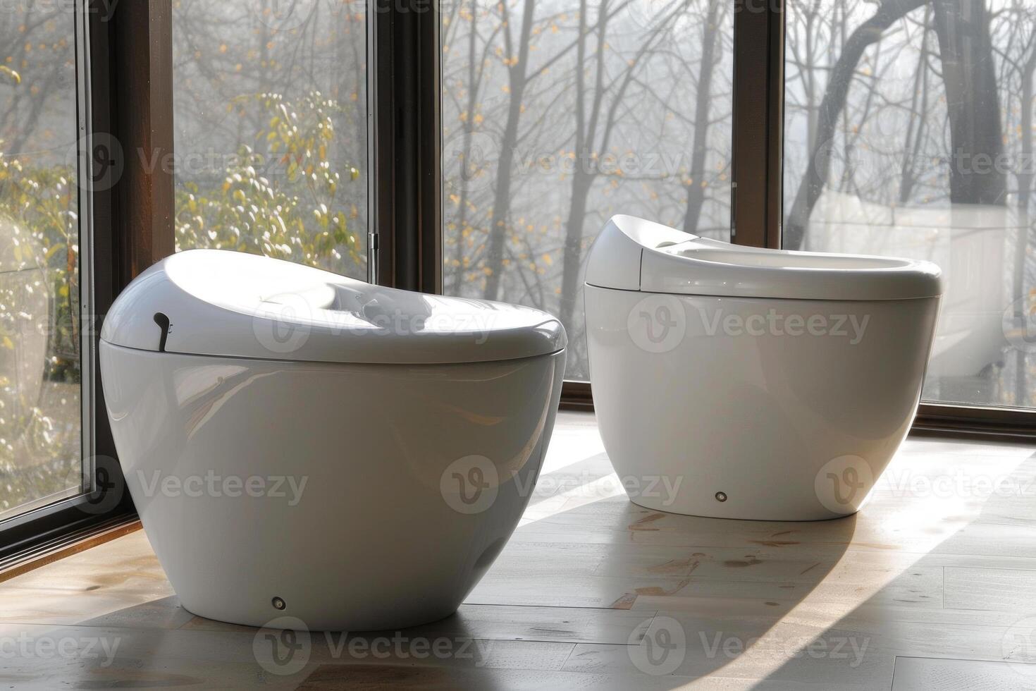 Two modern toilets by window overlooking forest photo