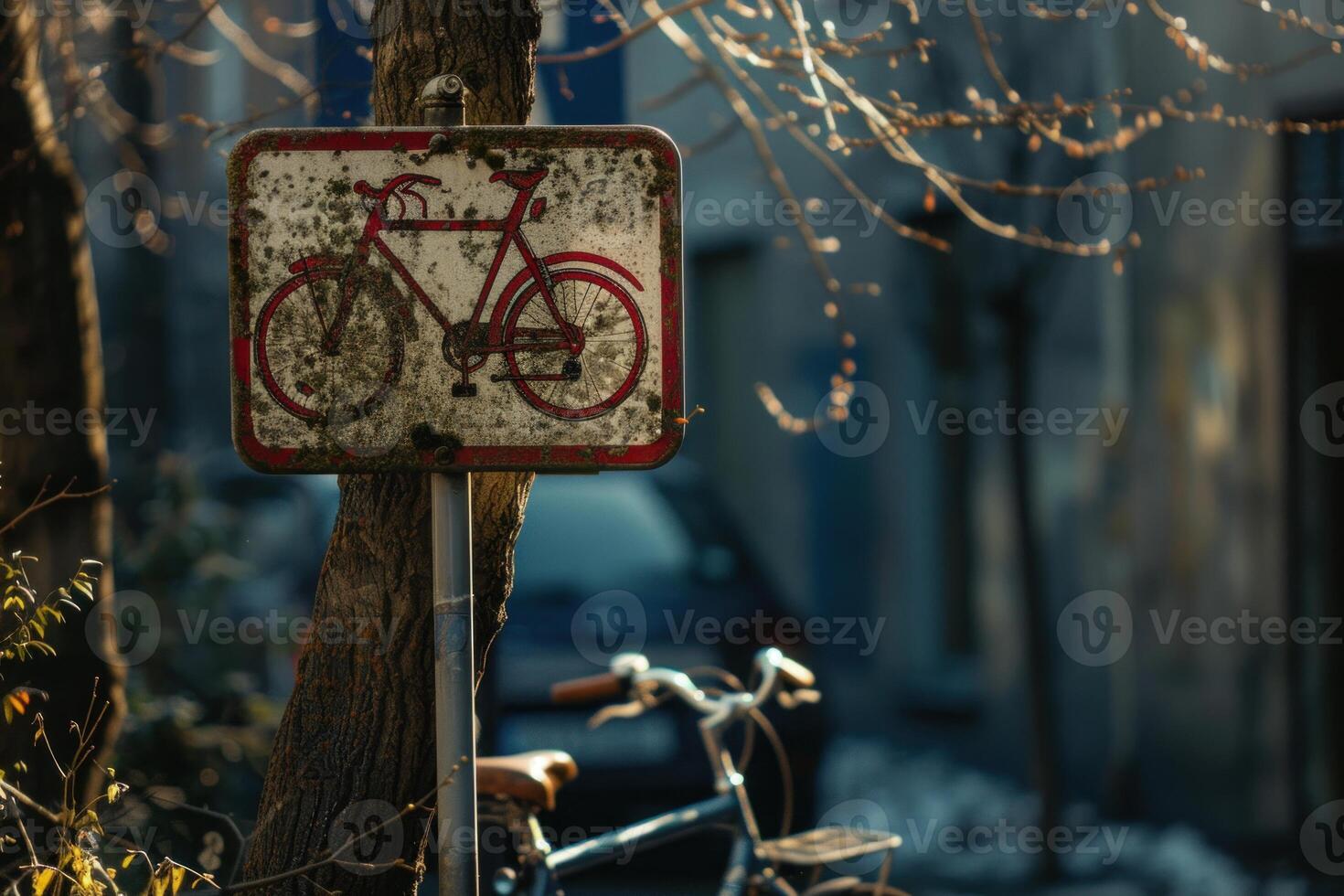 Old weathered bicycle sign attached to tree trunk showing concept of time passing photo