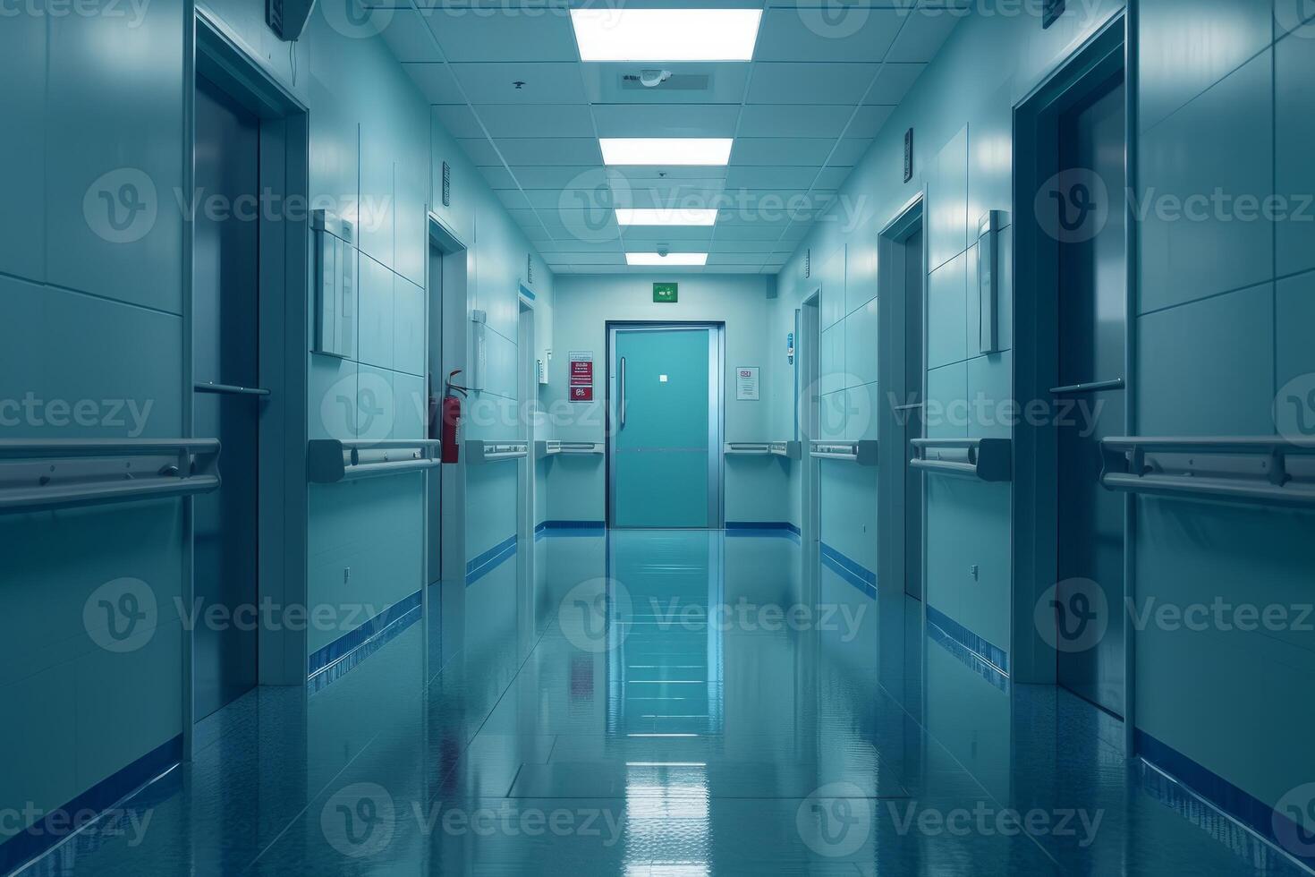 Empty hospital corridor reflecting on shiny floor in modern clinic photo