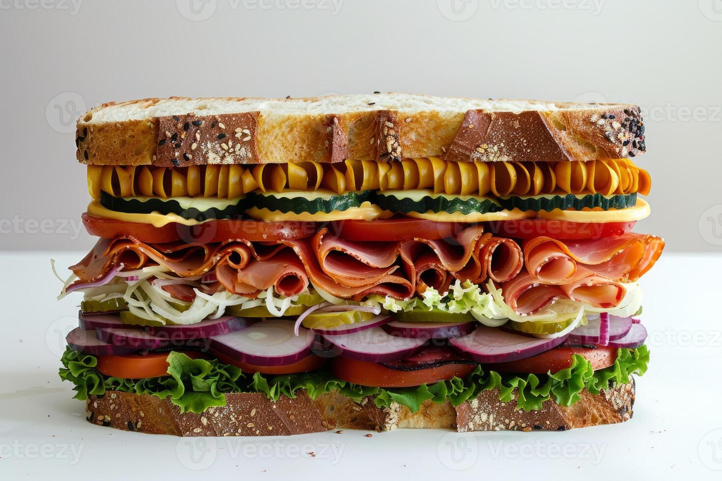 Giant dagwood sandwich standing on counter with layers of meat and cheese photo