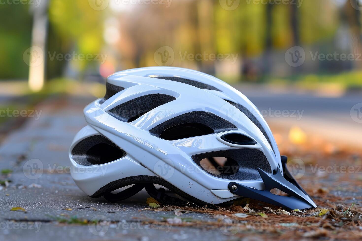 White bicycle helmet lying on a bike path in the city photo