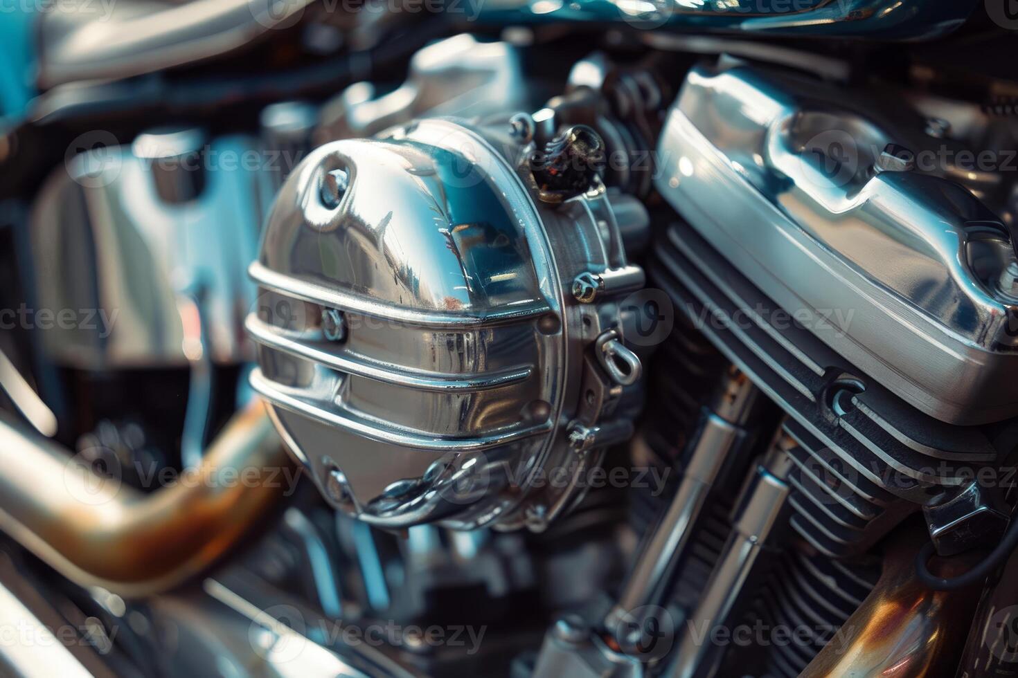 Close up of a shiny chrome motorcycle engine reflecting sunlight photo