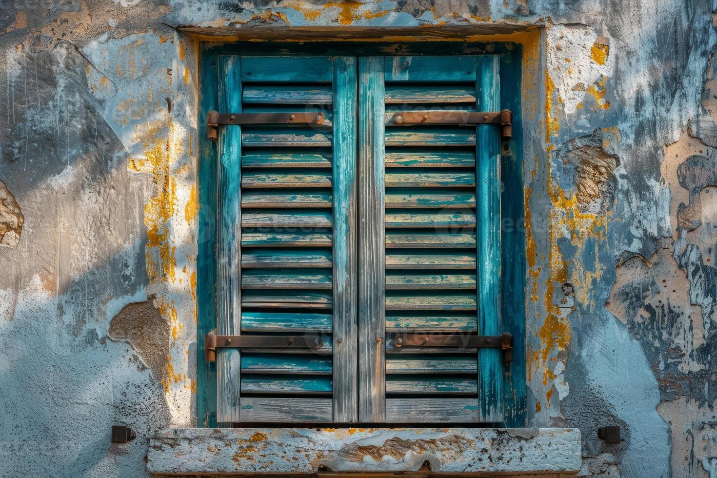 Old blue window shutters on a weathered wall in italy photo