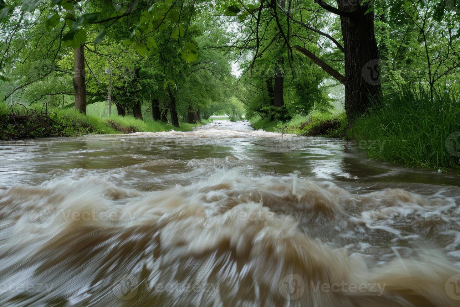 River flooding its banks in spring with rushing brown water photo