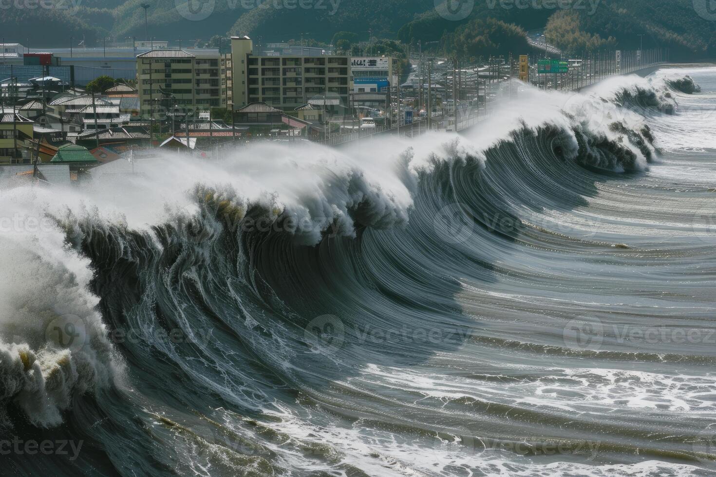 Giant tsunami wave approaching a coastal city photo