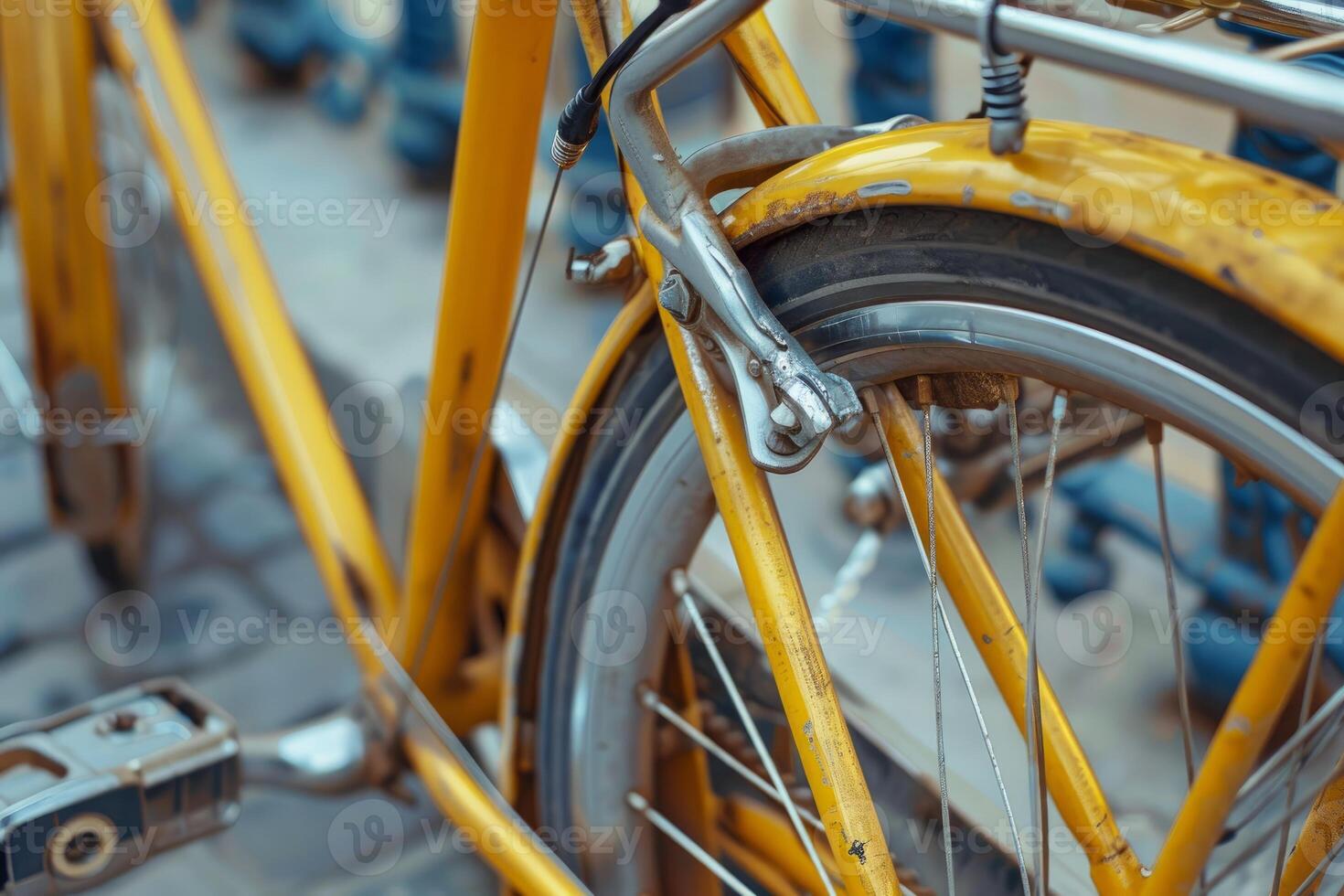 Yellow bicycle with weathered paint parked on city street photo