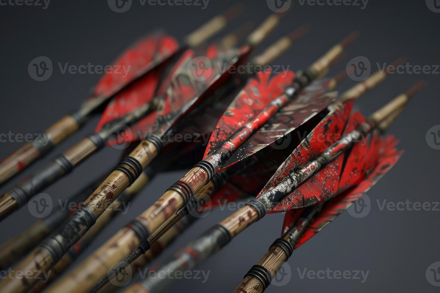 Hunting arrows with red and black feathers are laying on a grey background photo