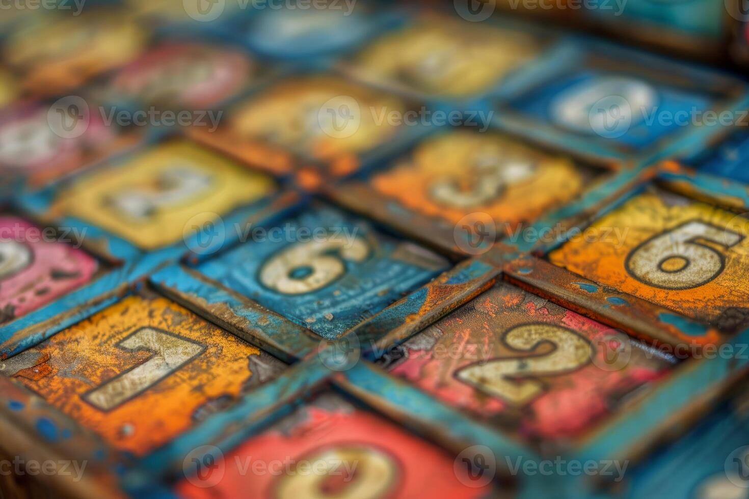 Old weathered bingo board showing colorful numbers with shallow depth of field photo