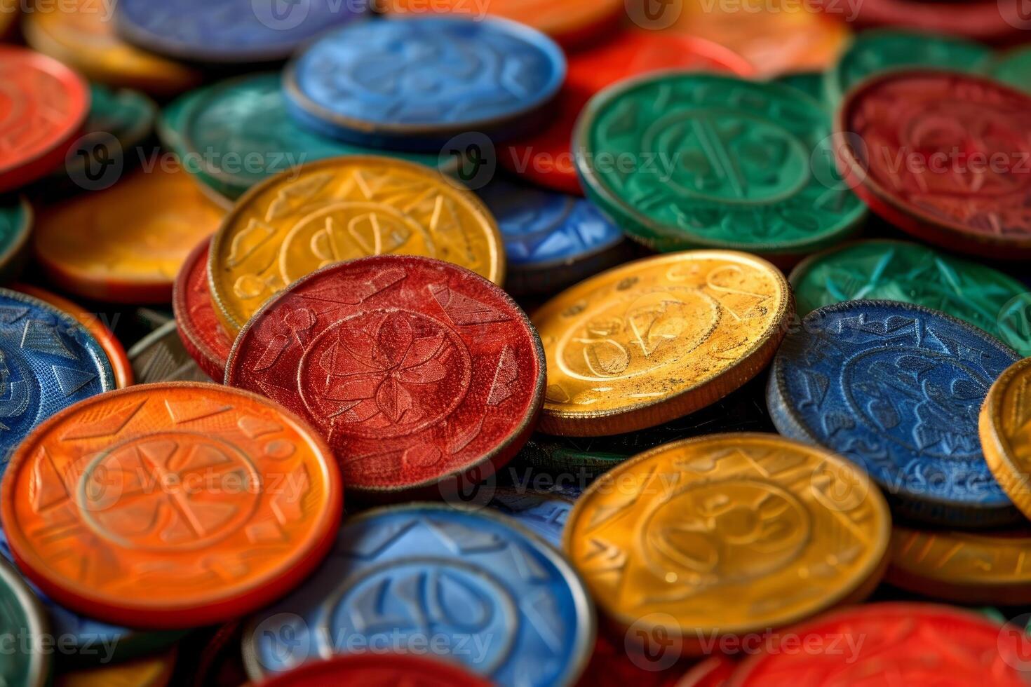 Colorful vintage game tokens forming textured background photo