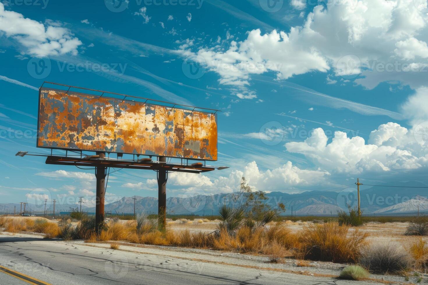 Rusty billboard showing neglect along deserted highway photo