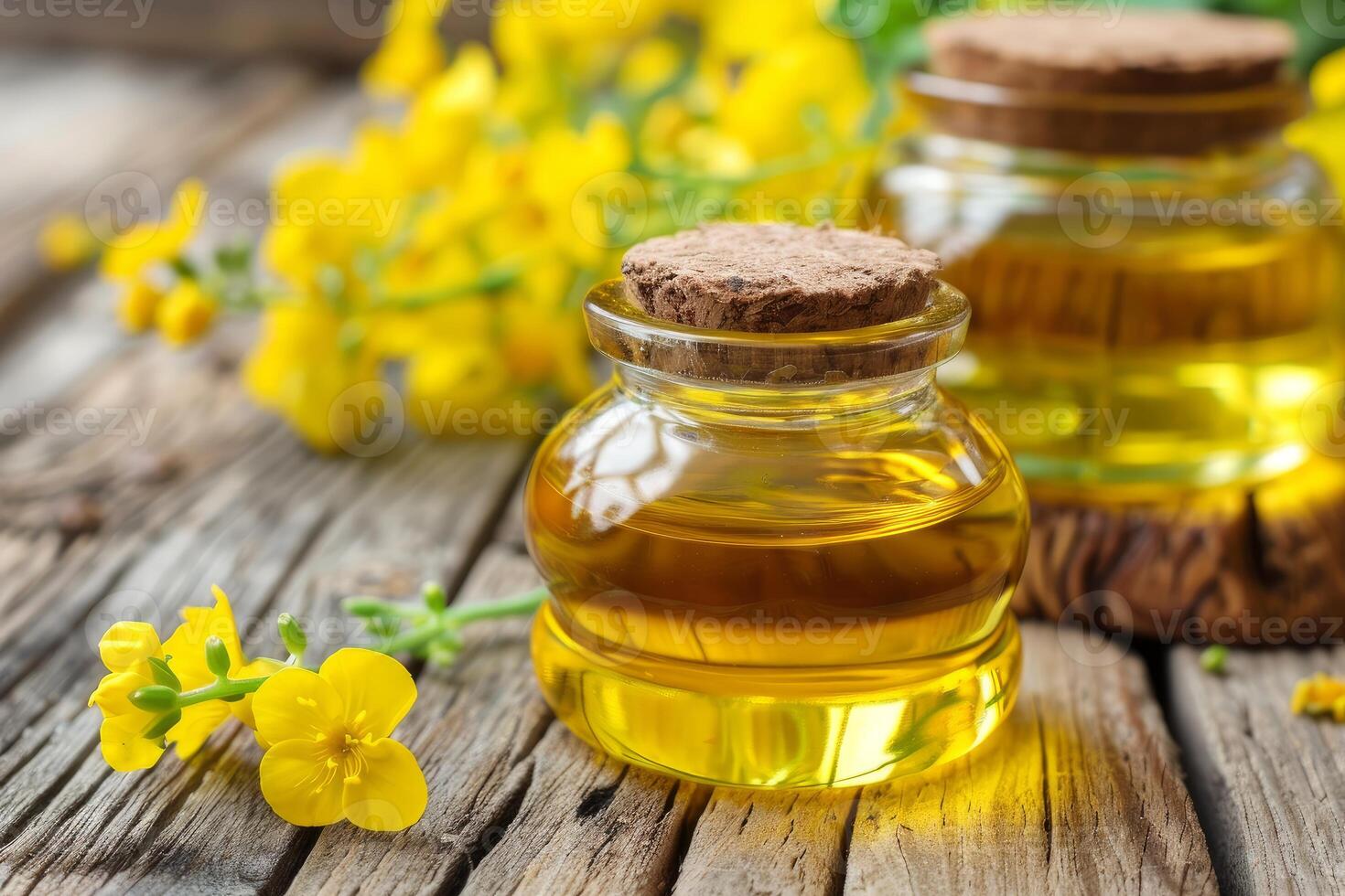 Rapeseed oil in glass bottle surrounded by yellow flowers on rustic wooden background photo