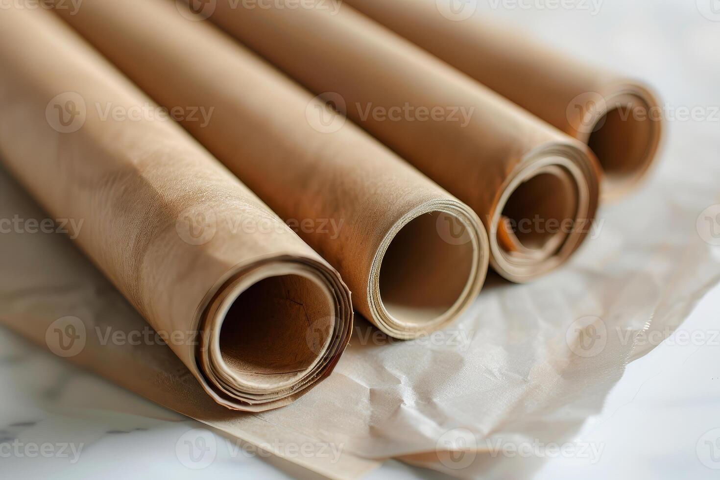 Four rolls of baking paper are lying on white table in kitchen photo