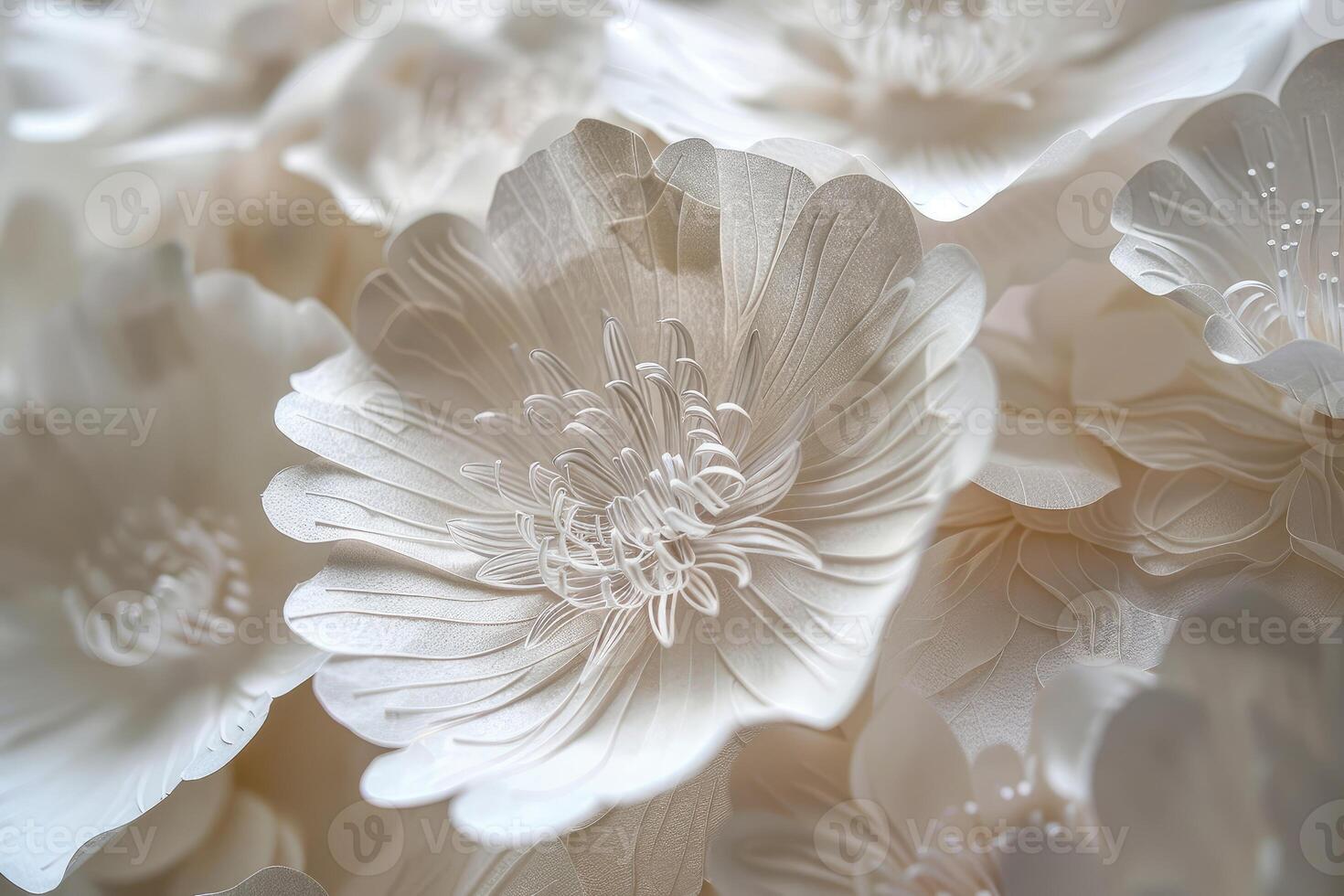 Beautiful white paper flowers forming floral background photo