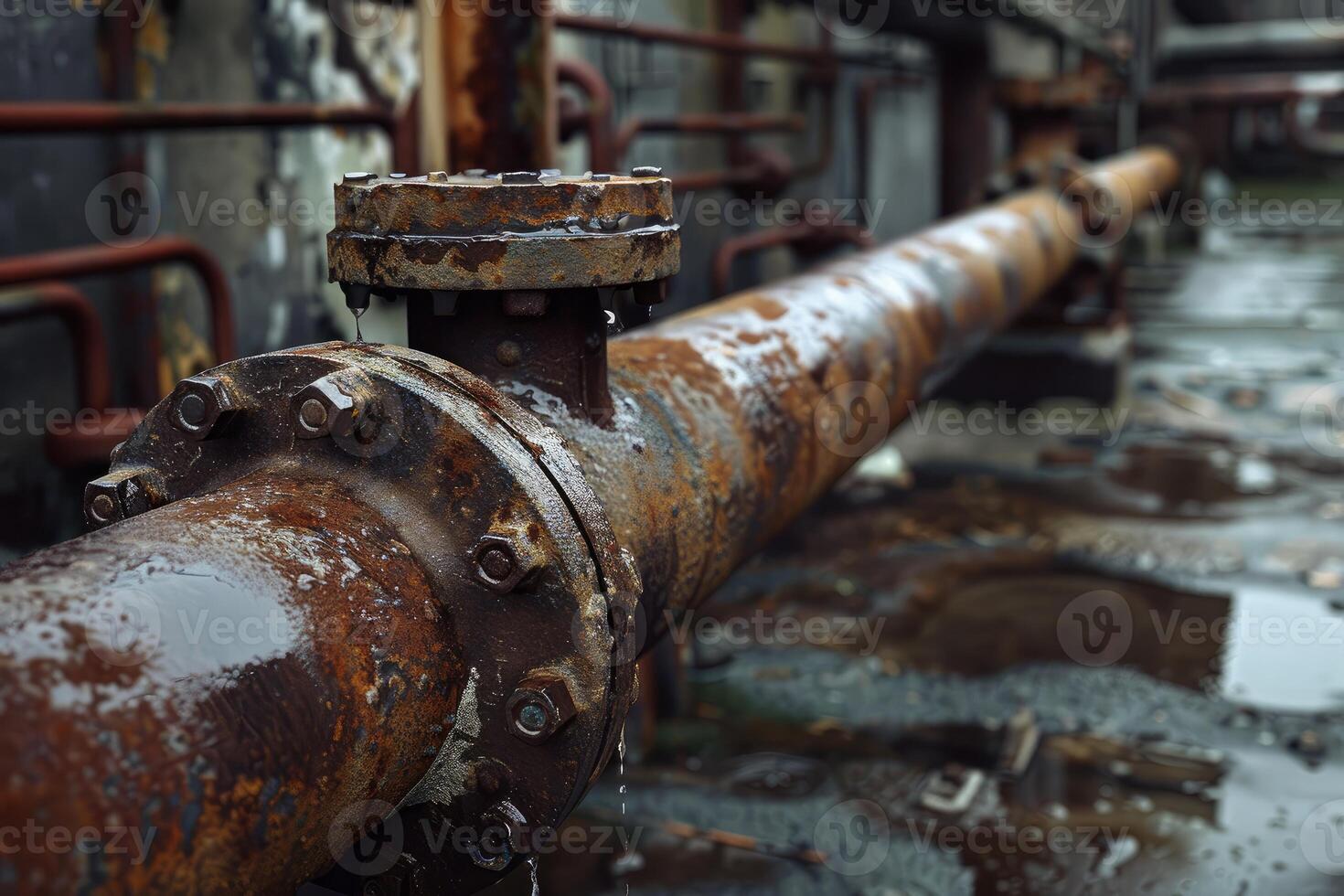 Water dripping from rusty pipe in abandoned factory photo