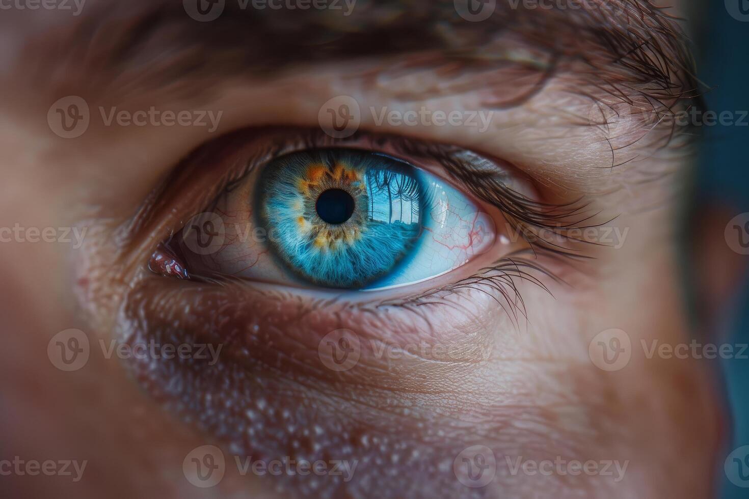 Man is looking up with bright blue eye and reflection photo