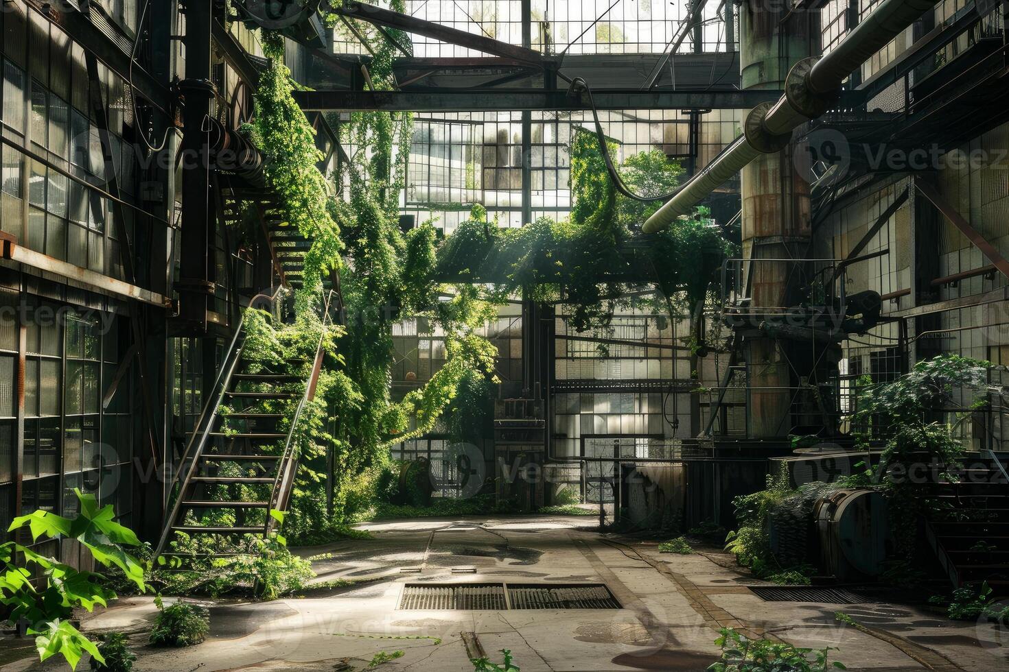 Nature reclaiming abandoned industrial building with plants growing inside photo