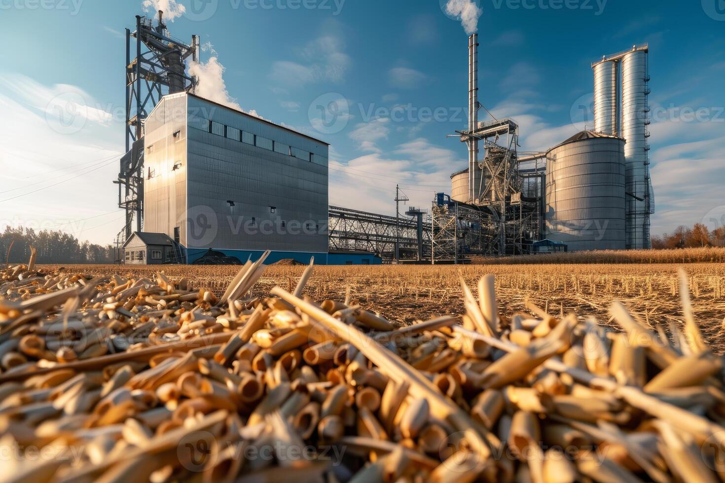 Harvested rapeseed field with biofuel refinery processing plant in background photo