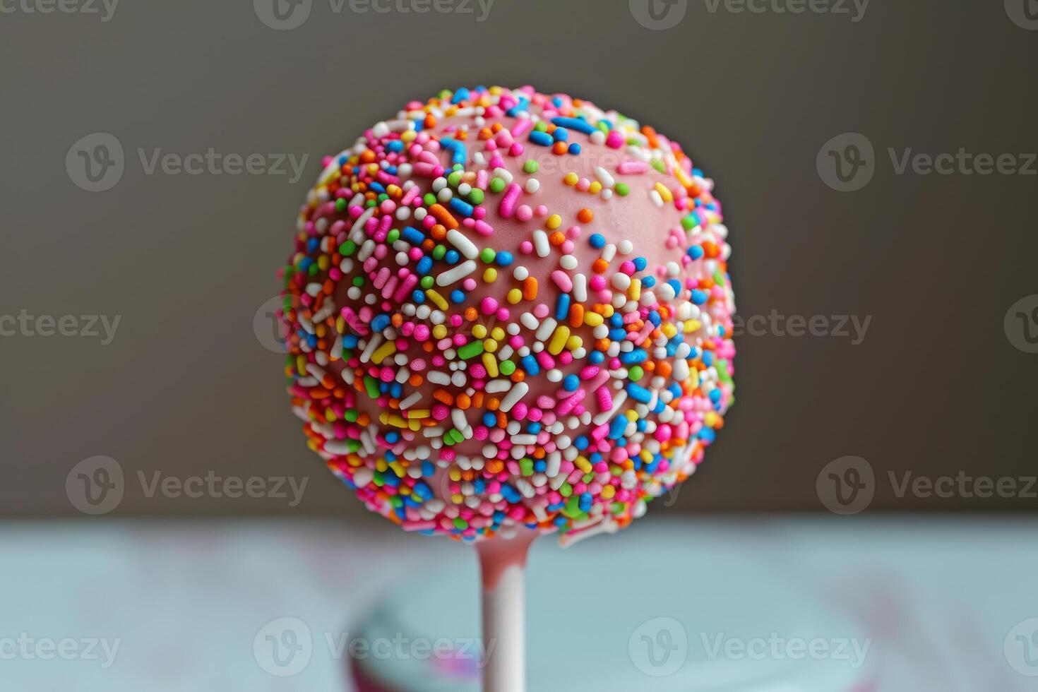 Delicious pink cake pop covered in colorful sprinkles is waiting on a stick photo