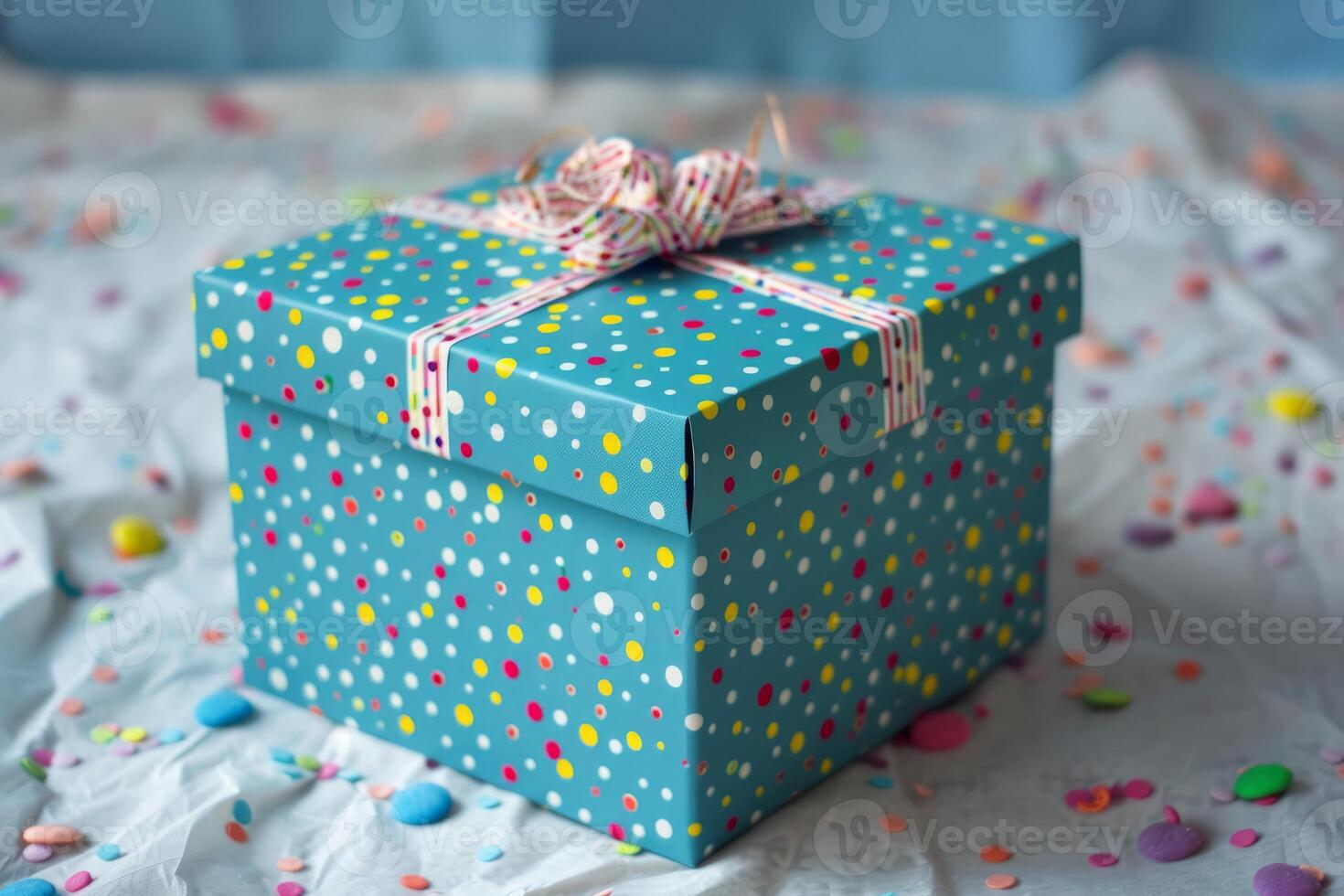 Blue gift box with colorful polka dots resting on white wrapping paper photo