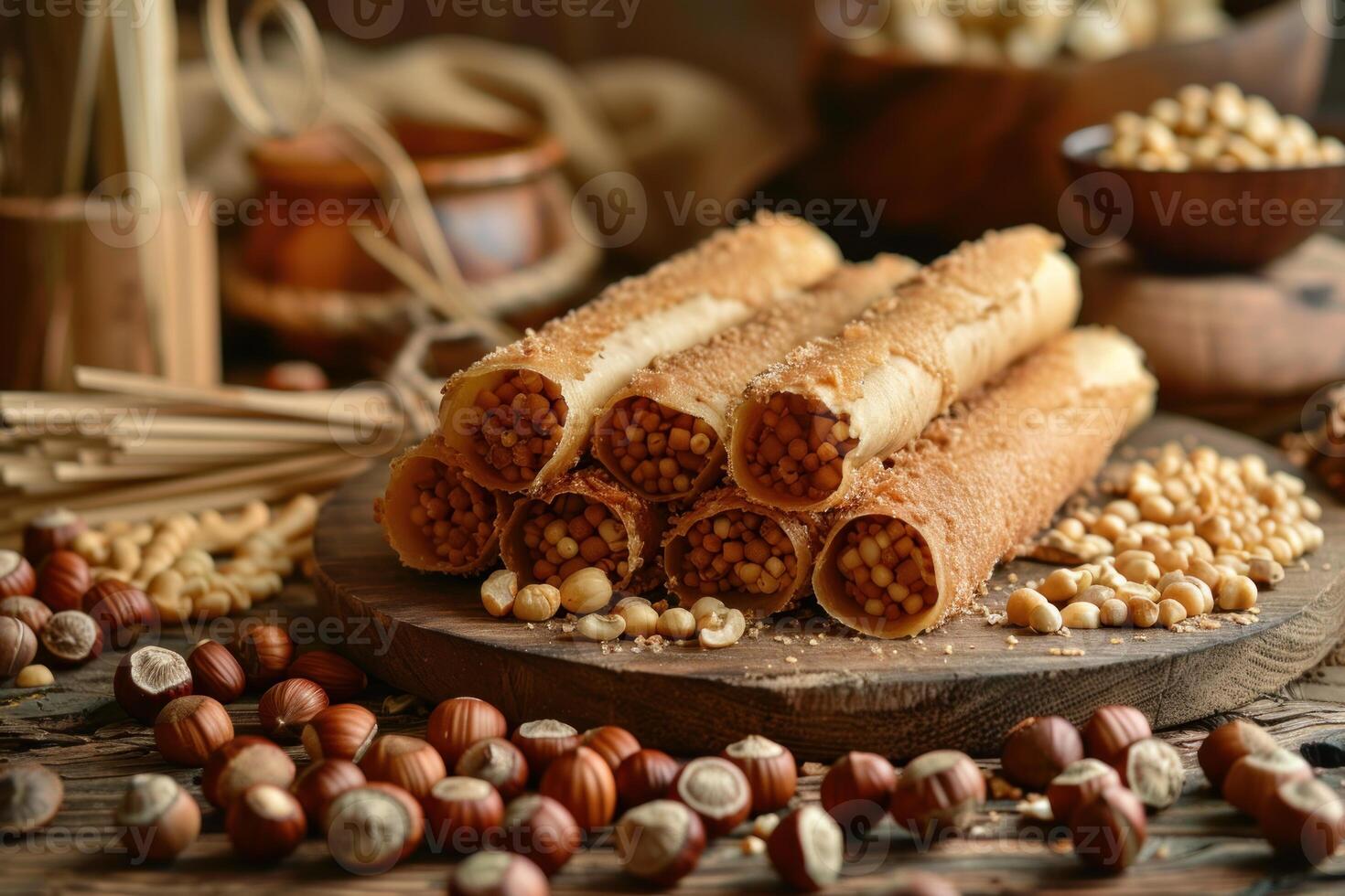 Sweet crispy waffle tubes filled with hazelnut paste are lying on wooden board photo