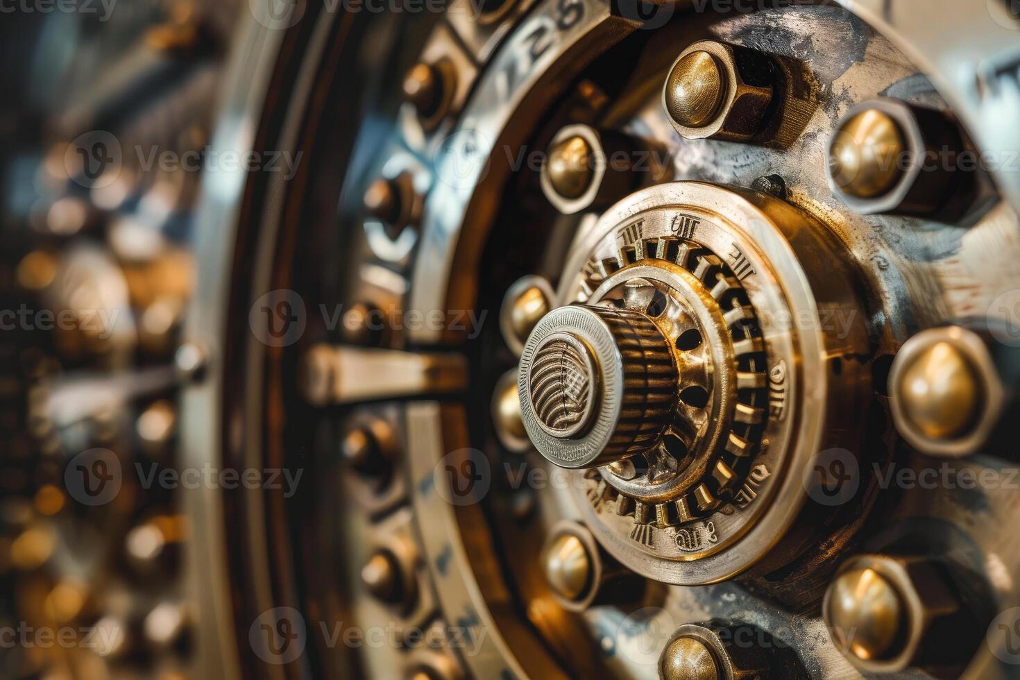 Close up of combination lock on bank vault door photo