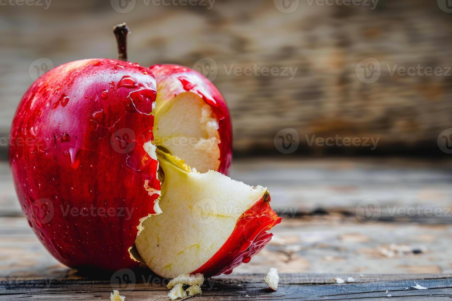 Red apple with missing bite on rustic wood background photo