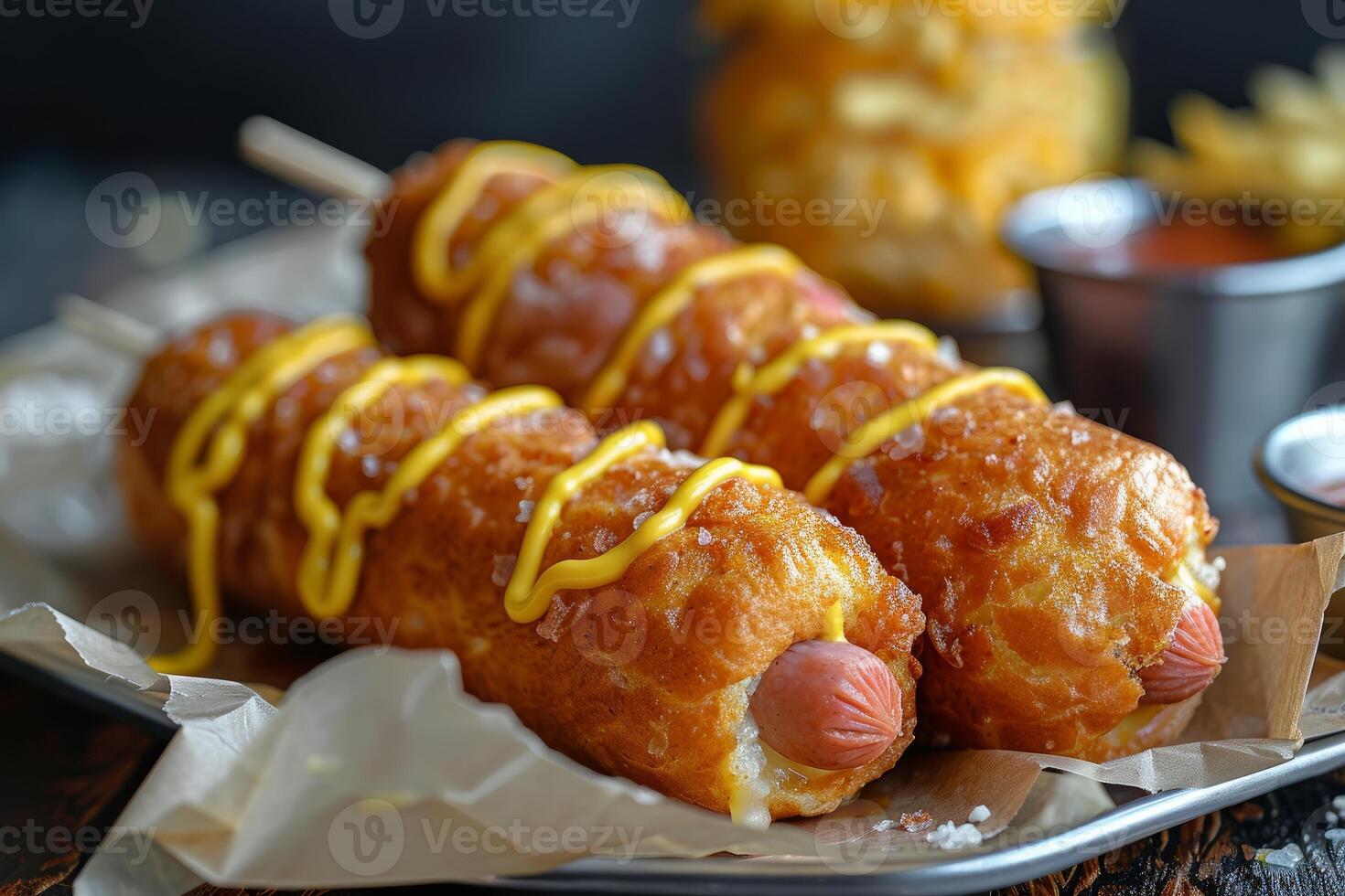 Two corn dogs lying on a metal tray drizzled with mustard and salt photo