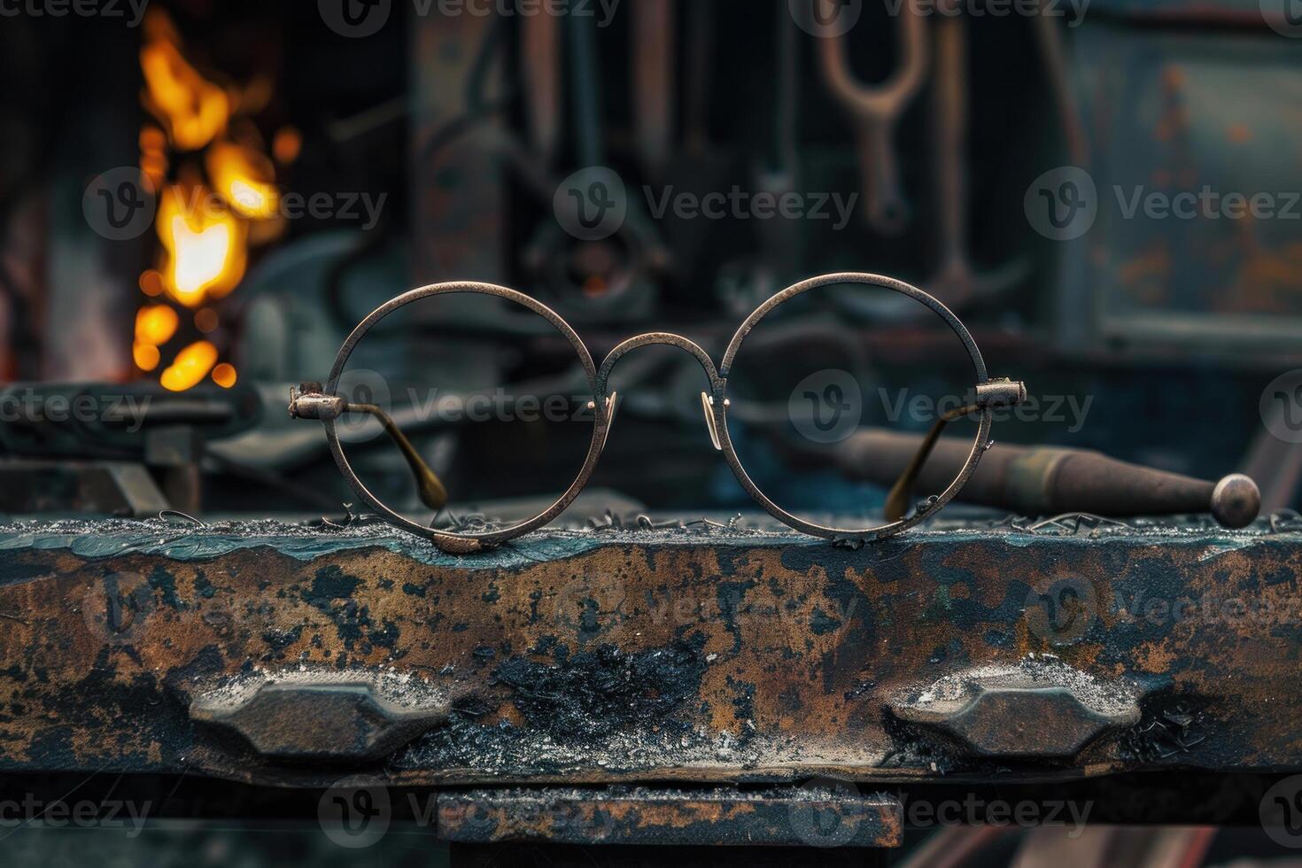 Round eyeglasses resting on anvil in a blacksmith's workshop photo