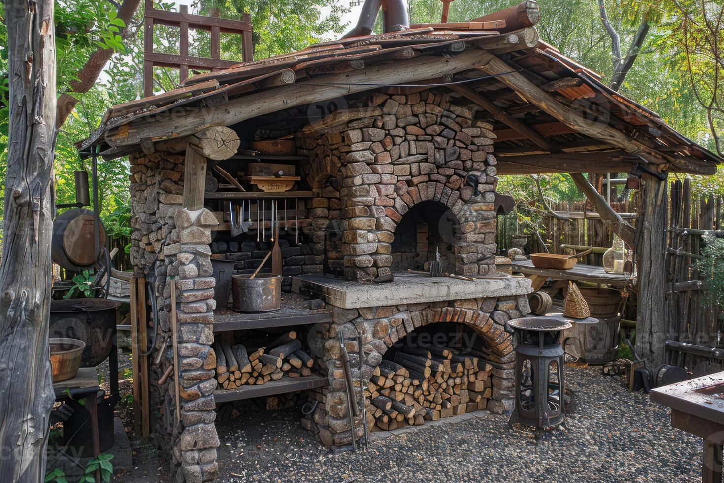 Stone oven and wood burning stove under a wooden canopy in a garden photo