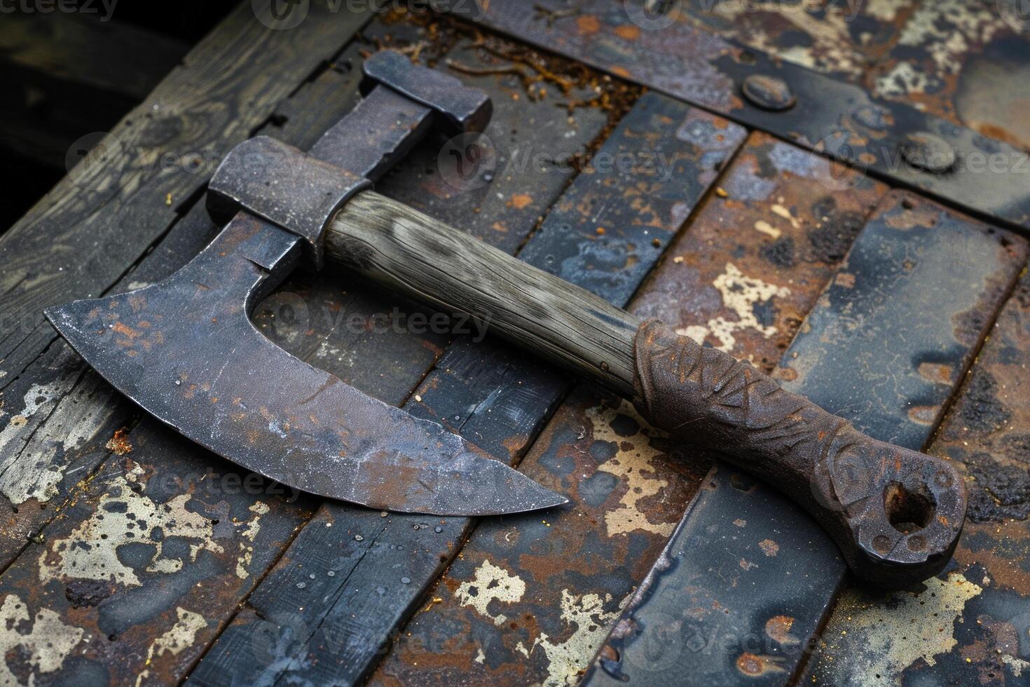 Rusty medieval battle axe resting on wooden surface photo