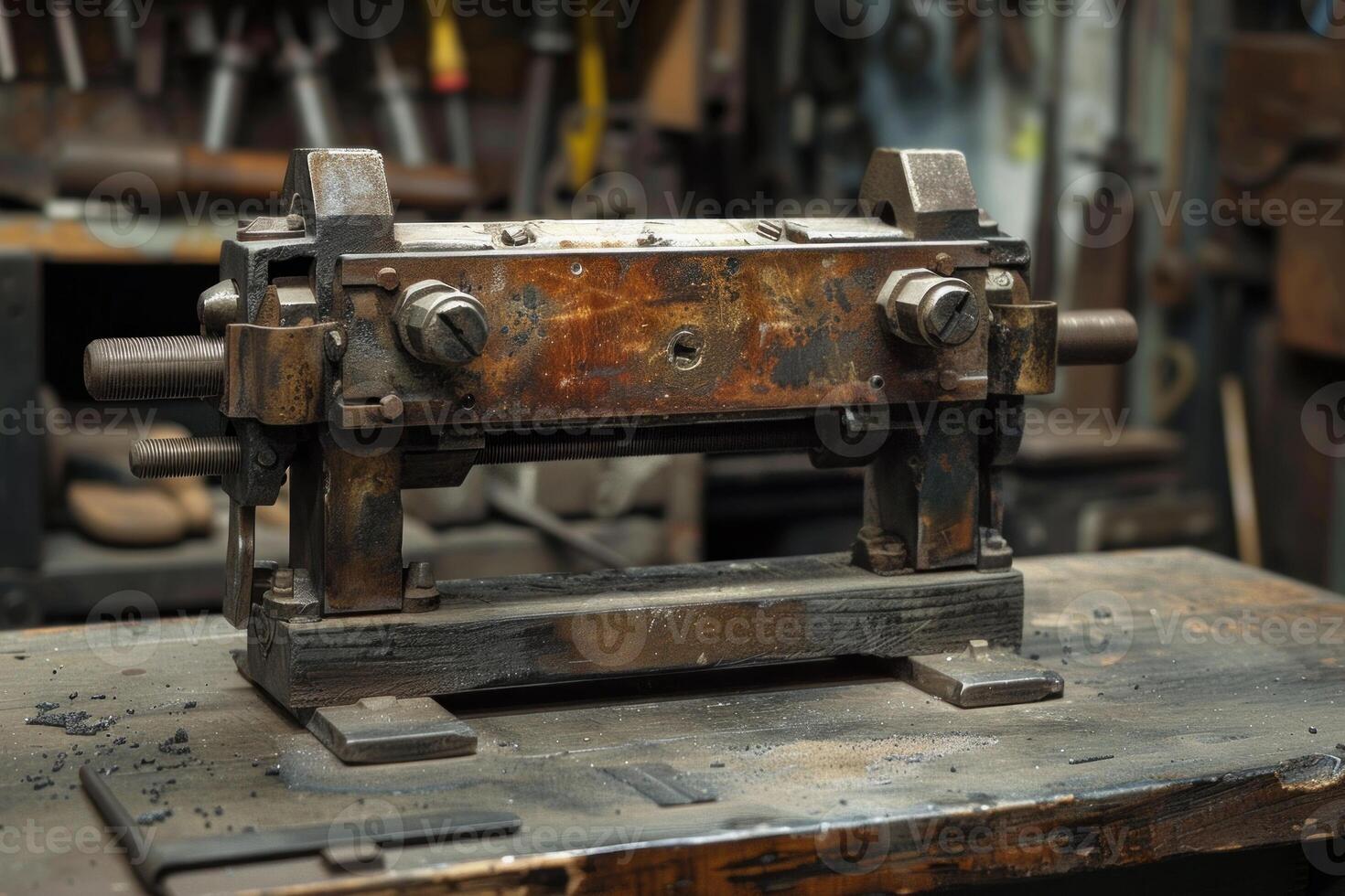 Old rusty industrial cutting machine standing on workbench photo