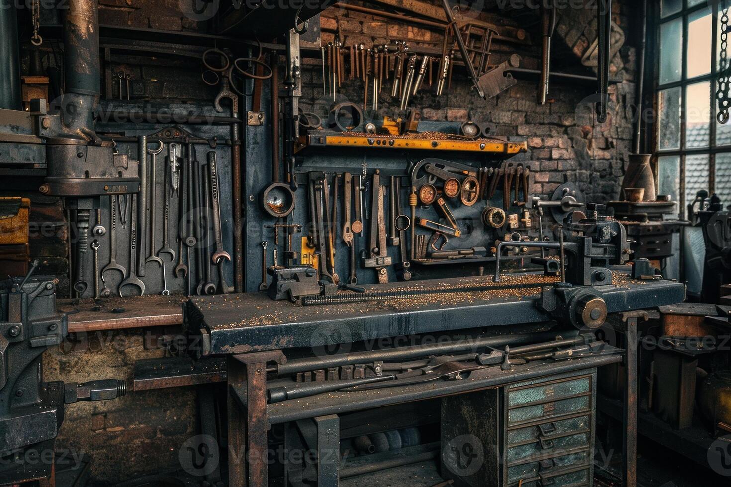 Old mechanical workshop with tools hanging on brick wall photo
