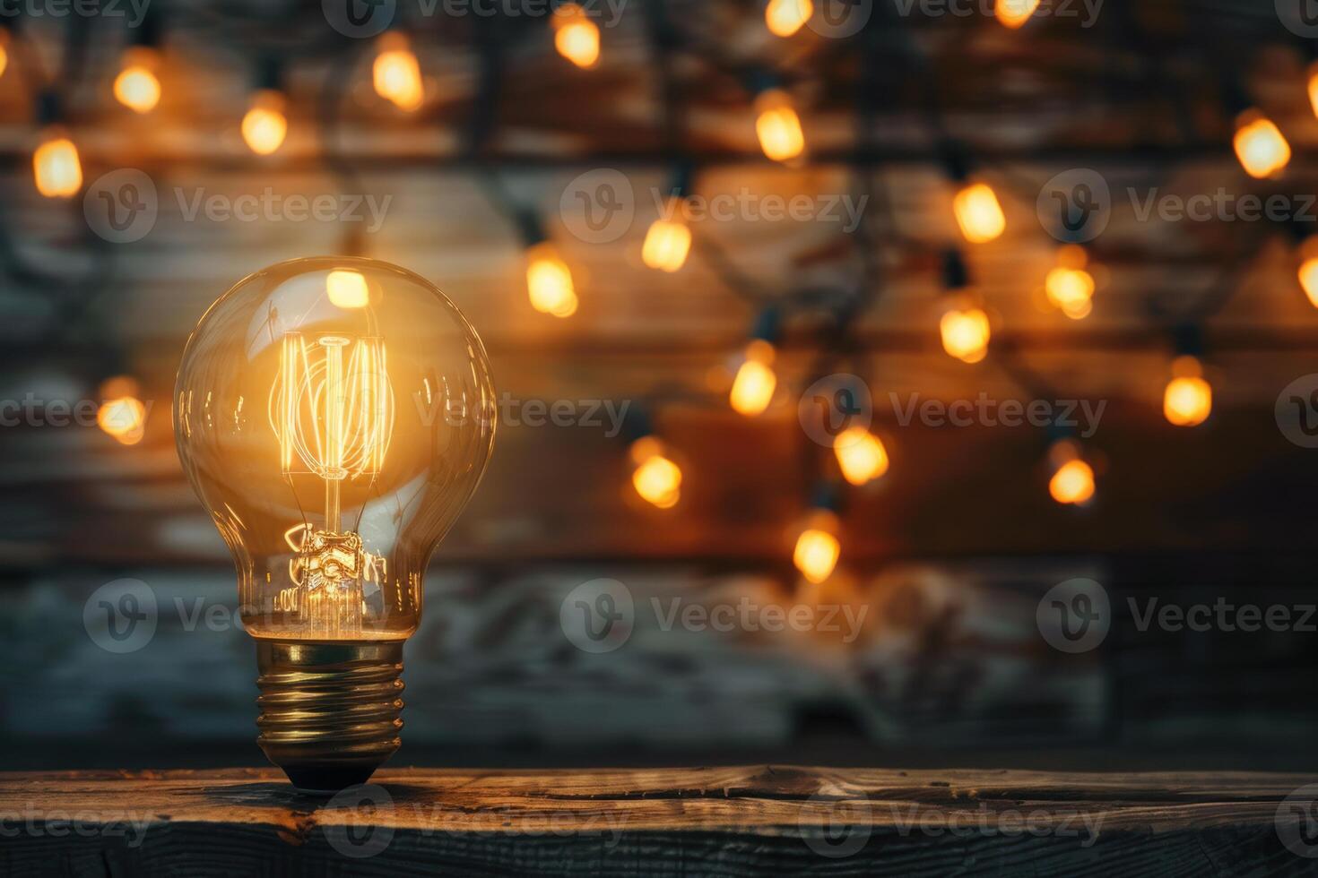 Vintage light bulb glowing on a wooden table with a string lights background photo