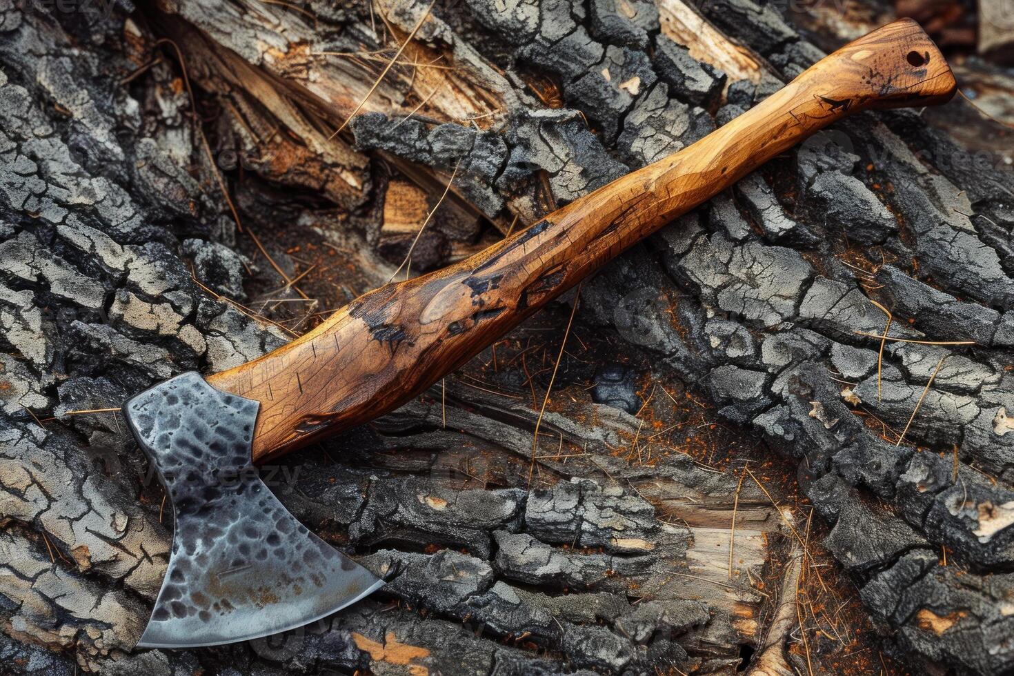 Handcrafted axe with wooden handle resting on tree trunk photo