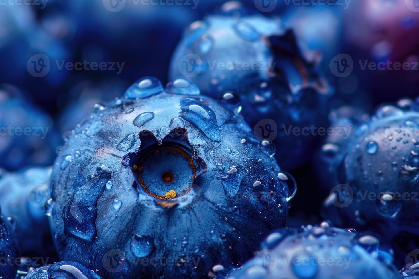 Fresh ripe blueberries covered with water droplets, macro photography photo
