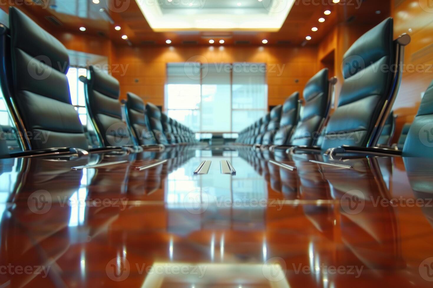 Empty conference room reflecting on polished table with leather chairs photo