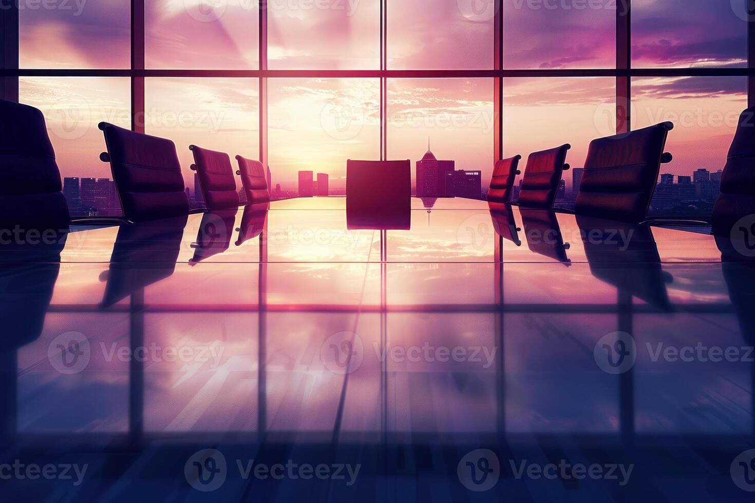 Empty boardroom reflecting cityscape sunset through large windows photo